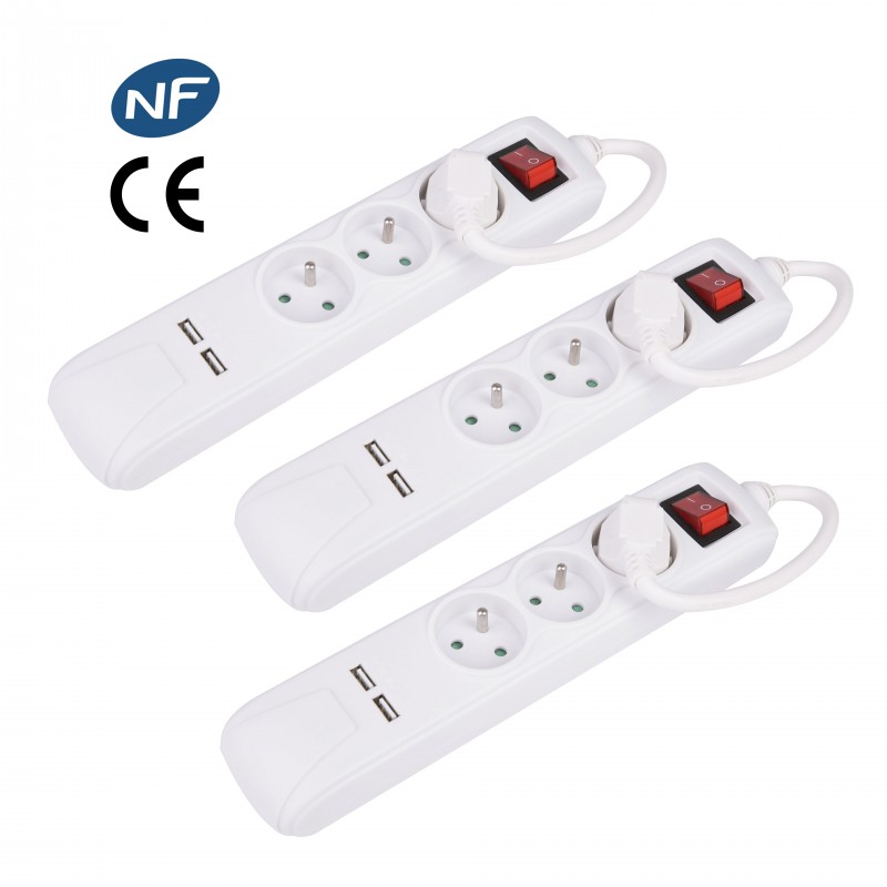 Lot de 3 Blocs blanc 3 prises + interrupteur + 2 ports USB FNBKU03_WHITE_X3 de la marque Pullman