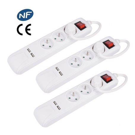Lot de 3 Blocs blanc 3 prises + interrupteur + 2 ports USB FNBKU03_WHITE_X3 de la marque Pullman