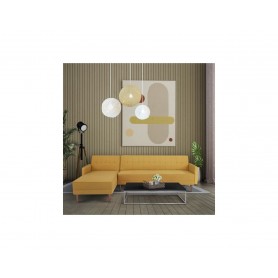 IMANIA CANAPÉ D'ANGLE CONVERTIBLE 3 PLACES RÉVERSIBLE TISSU JAUNE MOUTARDE PIEDS EN BOIS ADIMANIACCTJM
