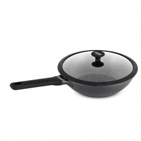 WOK TFI EN FONTE D'ALUMINIUM EFFET PIERRE 28CM 3.5L AVEC COUVERCLE EN VERRE ET SILICONE AUGUSTE WOK28TFI