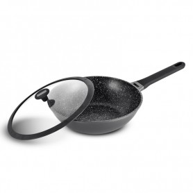 WOK TFI EN FONTE D'ALUMINIUM EFFET PIERRE 28CM 3.5L AVEC COUVERCLE EN VERRE ET SILICONE AUGUSTE WOK28TFI